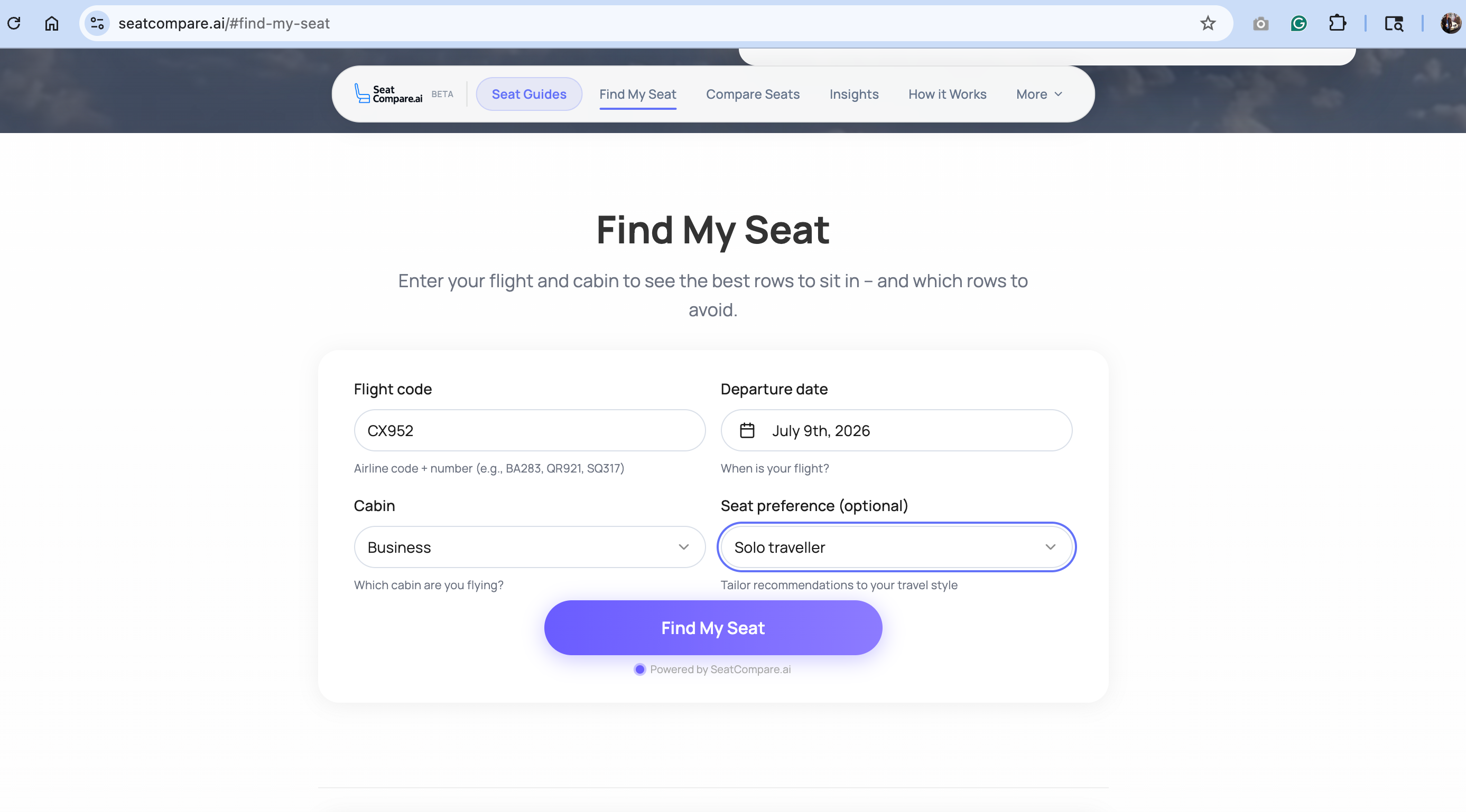 SeatCompare.ai search screen. SEATCOMPARE.AI